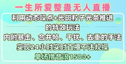 一生所爱无人整蛊9.0升级版，借助动态噪点与光斑粒子光条推进特效玩法，达成24小时实时直播无违规操作，单场日入1.5k