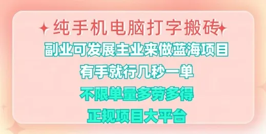 纯手机电脑打字搬砖，有手就能做，几秒一单，多劳多得，正规大平台项目
