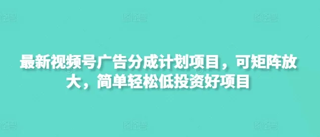 最新视频号广告分成计划，矩阵放大，低投资轻松项目