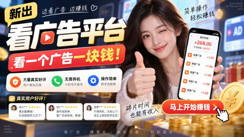 新出看广告平台,看一个广告一块钱,大量真实好评!无需养机、不会黑号,操作简单【揭秘】-706资源网