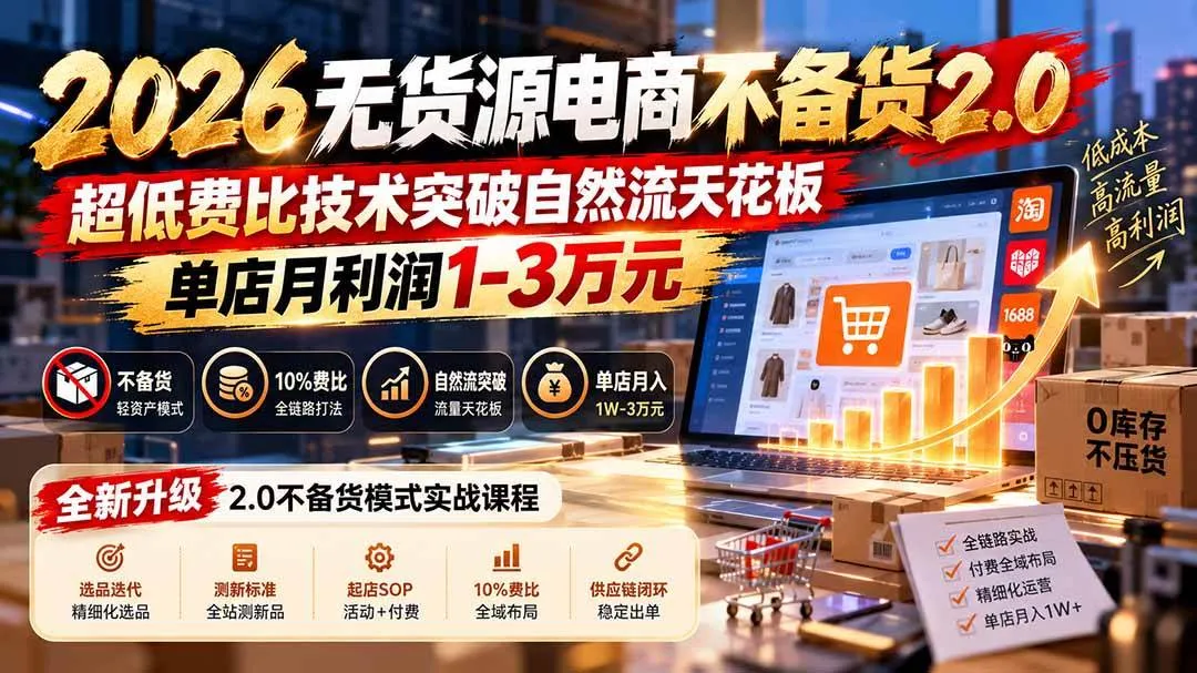 (20896期)2026无货源电商不备货2.0【更新1010】:超低费比技术突破自然流天花板,单店月利润1-3万元-706资源网
