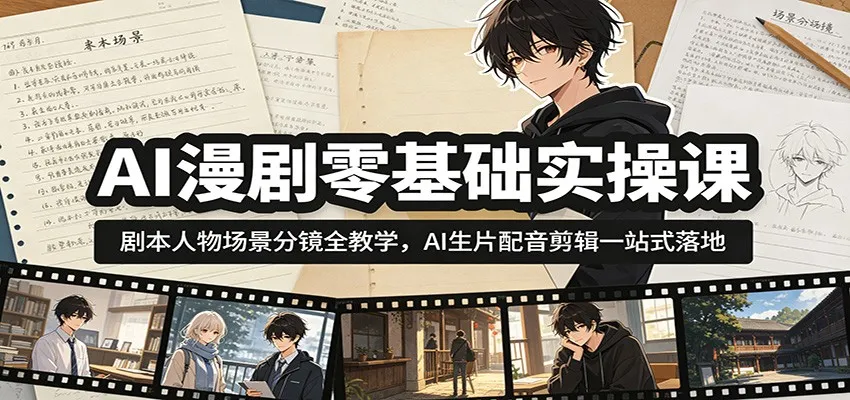 AI漫剧零基础实操课：剧本人物场景分镜全教学，AI生片配音剪辑一站式落地-706资源网