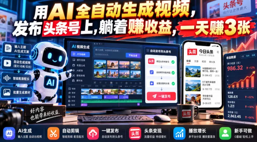用AI全自动生成视频，发布头条号上，躺着賺收益，一天賺3张-706资源网