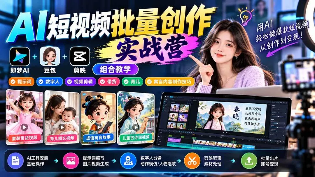 （21039期）【无水印】AI短视频批量创作实战营：即梦+豆包+剪映组合教学，提示词/数字人/视频剪辑/带货/育儿/寓言内容制作技巧-706资源网