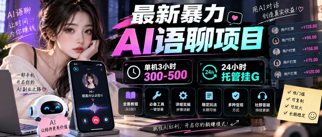 最新暴力AI语聊项目，单机3小时300-500，24小时托管挂G，附全套教程及工具【揭秘】-706资源网