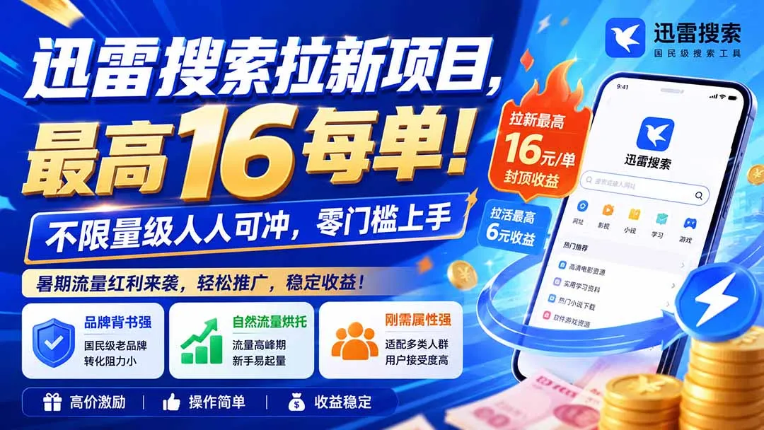 迅雷搜索拉新项目,最高16每单!不限量级人人可冲,零门槛上手(更新0813-706资源网
