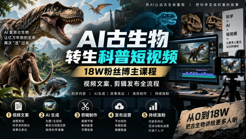 AI古生物转生科普短视频，18W粉丝博主课程，视频文案、剪辑发布全流程-706资源网