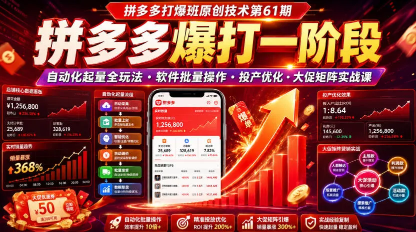 拼多多打爆班原创技术第61期，拼多多爆打一阶段，自动化起量全玩法・软件批量操作・投产优化・大促矩阵实战课-706资源网