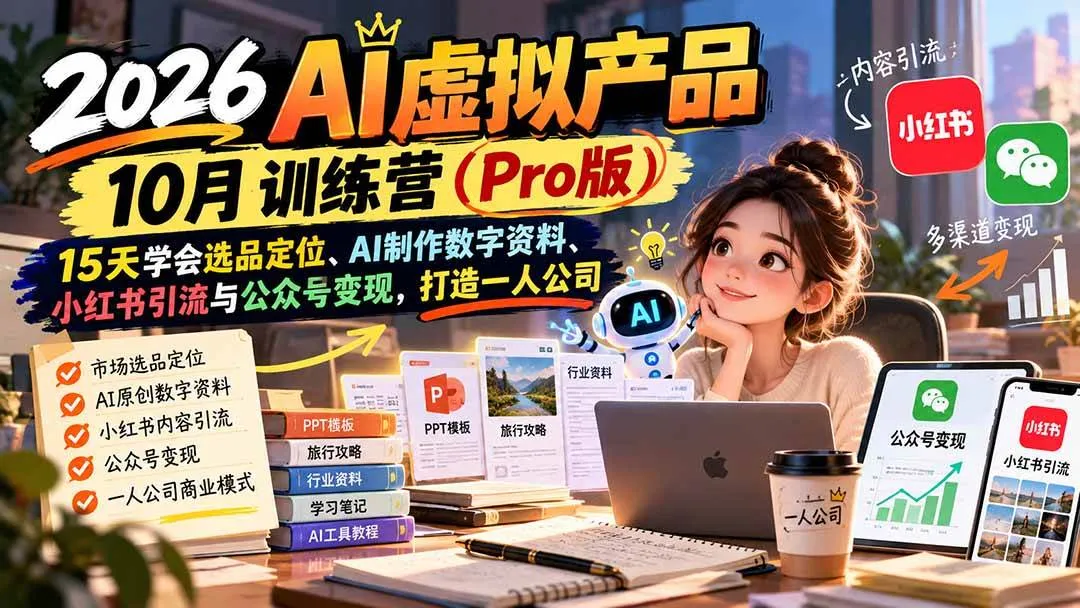 (21054期)2026AI虚拟产品10月训练营(Pro版):15天学会选品定位、AI制作数字资料、小红书引流与公众号变现,打造一人公司-706资源网