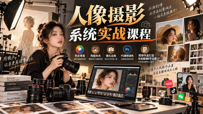 【无水印】人像摄影系统实战课程,色彩审美、构图布光、镜头运用、PS精修调色,附带作品打造与自媒体账号运营-706资源网