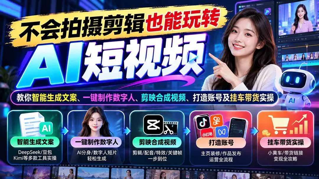 （21100期）不会拍摄剪辑也能玩转AI短视频：教你智能生成文案、一键制作数字人、剪映合成视频、打造账号及挂车带货实操-706资源网