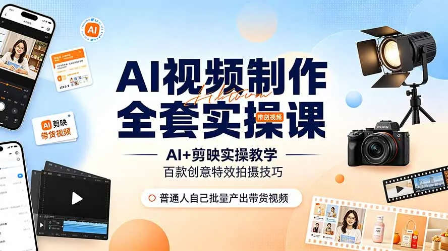 AI视频制作全套实操课，多款AI工具搭配剪映教学，百种特效运镜拍摄实操，抖音账号带货运营全覆盖-706资源网