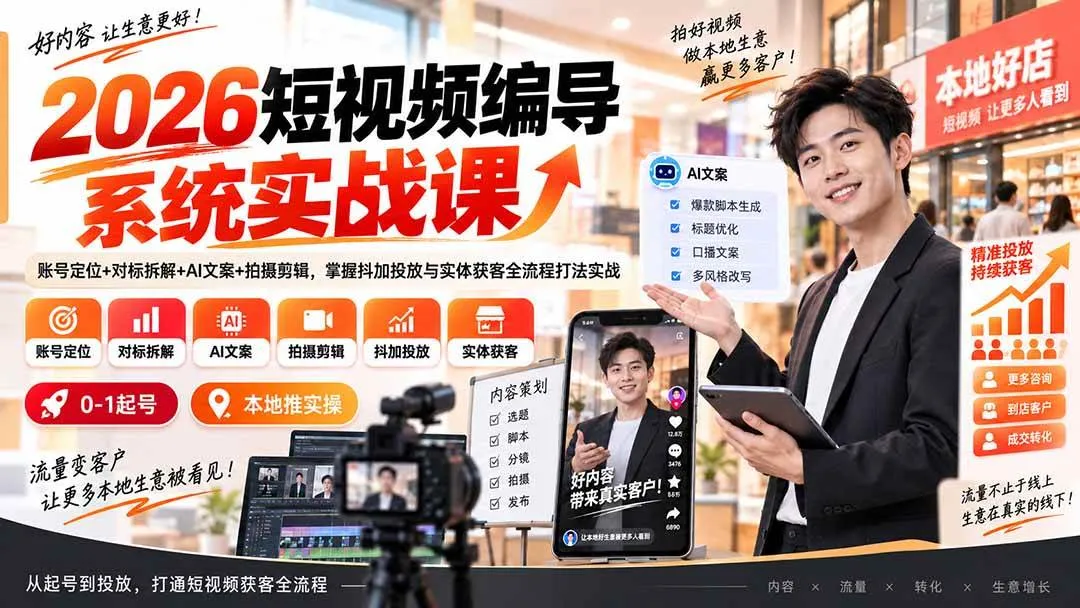 （20305期）2026短视频编导系统实战课：账号定位+对标拆解+AI文案+拍摄剪辑，掌握抖加投放与实体获客全流程打法实战