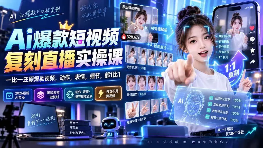 （20304期）最新Ai爆款短视频复刻直播实操课，一比一还原爆款视频，动作，表情，细节，都1比1-706资源网