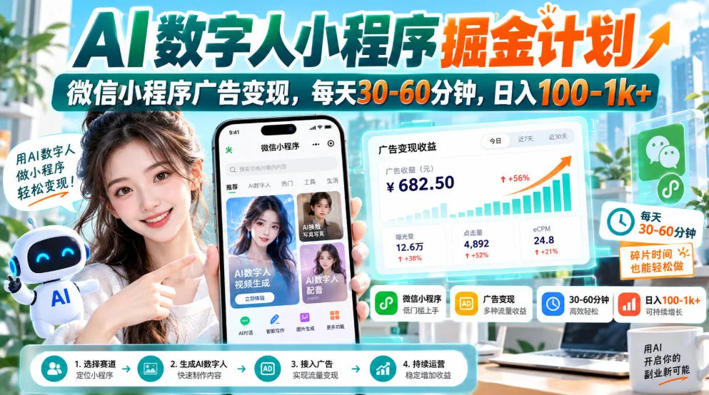 【无水印】AI数字人小程序掘金计划,微信小程序广告变现,每天30‑60分钟,日入100‑1k+-706资源网