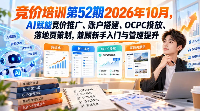 【无水印】竞价培训第52期2026年10月,AI赋能竞价推广、账户搭建、OCPC投放、落地页策划,兼顾新手入门与管理提升-706资源网