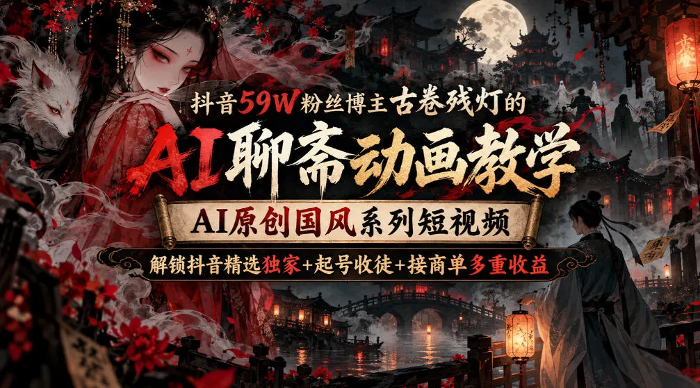 抖音59W粉丝博主古卷残灯的AI聊斋动画教学,AI原创国风系列短视频,解锁抖音精选独家+起号收徒+接商单多重收益-706资源网