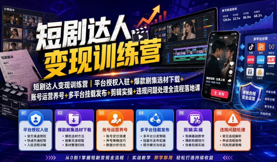 短剧达人变现训练营｜平台授权入驻+爆款剧集选材下载+账号运营养号+多平台挂载发布+剪辑实操+违规问题处理全流程落地课-706资源网