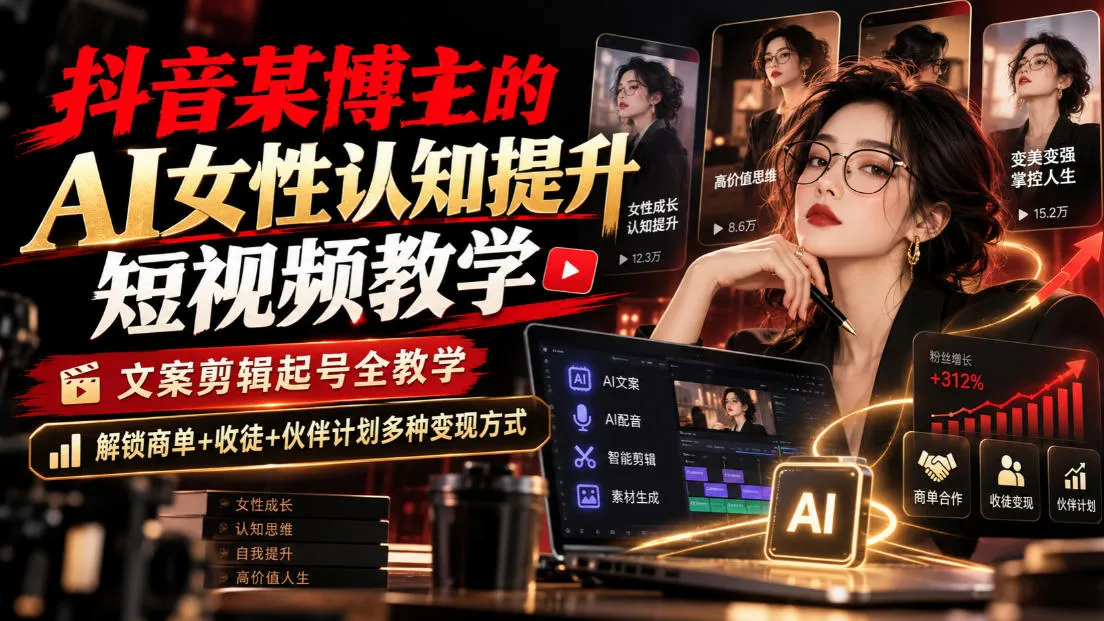 抖音某博主的Ai女性认知提升短视频教学，文案剪辑起号全教学，解锁商单+收徒+伙伴计划多种变现方式-706资源网