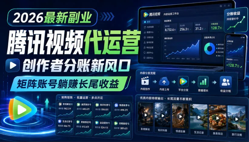 2026最新副业之腾讯视频代运营：创作者分账新风口，矩阵账号躺賺长尾收益【揭秘】-706资源网