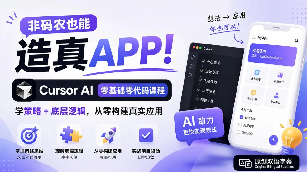 非码农也能造真APP!Cursor AI零基础零代码课程:学策略+底层逻辑,从零构建真实应用【原创双语字幕】