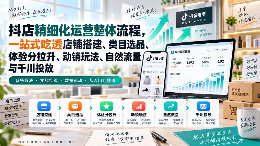 李哥电商-抖店精细化运营整体流程，一站式吃透店铺搭建、类目选品、体验分拉升、动销玩法、自然流量与千川投放-706资源网