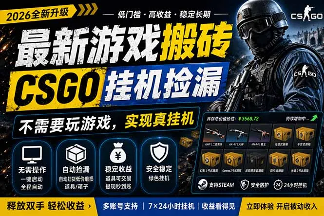 最新游戏搬砖，CSGO纯挂机，不需要玩游戏，实现真挂机，月入1W+，五一小高峰上车可吃肉，…-706资源网