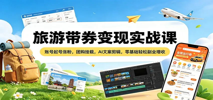 旅游带券变现实战课：账号起号涨粉，团购挂载，AI文案剪辑，零基础轻松副业增收-706资源网