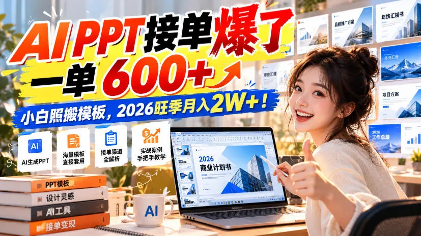AI PPT接单爆了,一单600+,小白照搬模板,2026旺季月入2W+!-706资源网