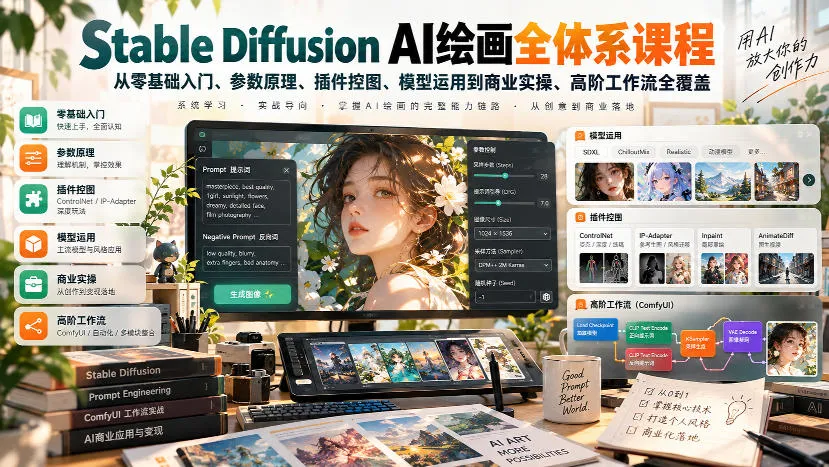 【无水印】Stable Diffusion AI绘画全体系课程,从零基础入门、参数原理、插件控图、模型运用到商业实操、高阶工作流全覆盖-706资源网
