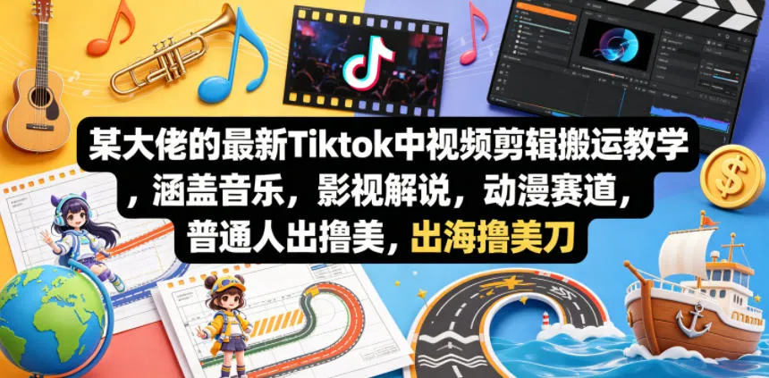 某大佬的最新Tiktok中视频剪辑搬运教学，涵盖音乐，影视解说，动漫赛道，普通人出海撸美刀-706资源网