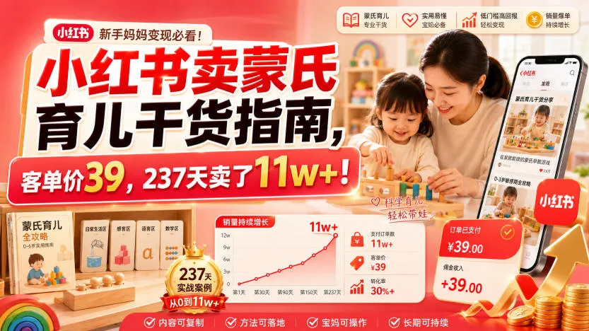 小红书卖蒙氏育儿干货指南，客单价39，237天卖了11w+！-706资源网