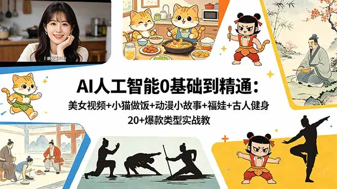 AI人工智能0基础到精通:美女视频+小猫做饭+动漫小故事+福娃+古人健身,20+爆款类型实战教学-706资源网