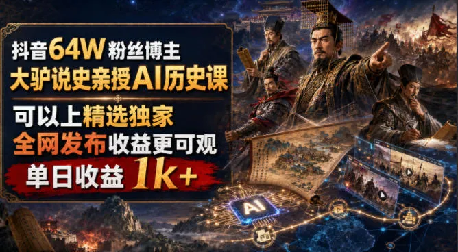 抖音64W粉丝博主大驴说史亲授AI历史课,可以上精选独家,全网发布收益更可观,单日收益1k+