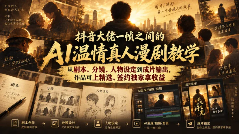 抖音大佬一帧之间的AI温情真人漫剧教学，从剧本、分镜、人物设定到成片输出，作品可上精选、签约独家拿收益-706资源网