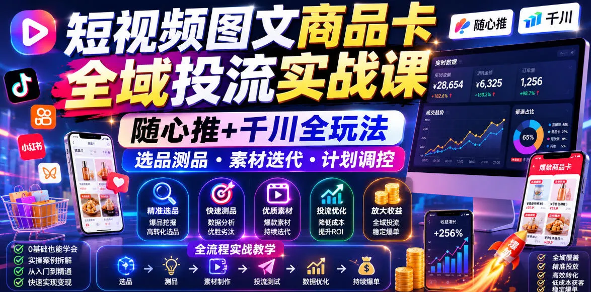 短视频图文商品卡全域投流实战课,随心推+千川全玩法,选品测品・素材迭代・计划调控,提升ROI爆单增收教程-706资源网