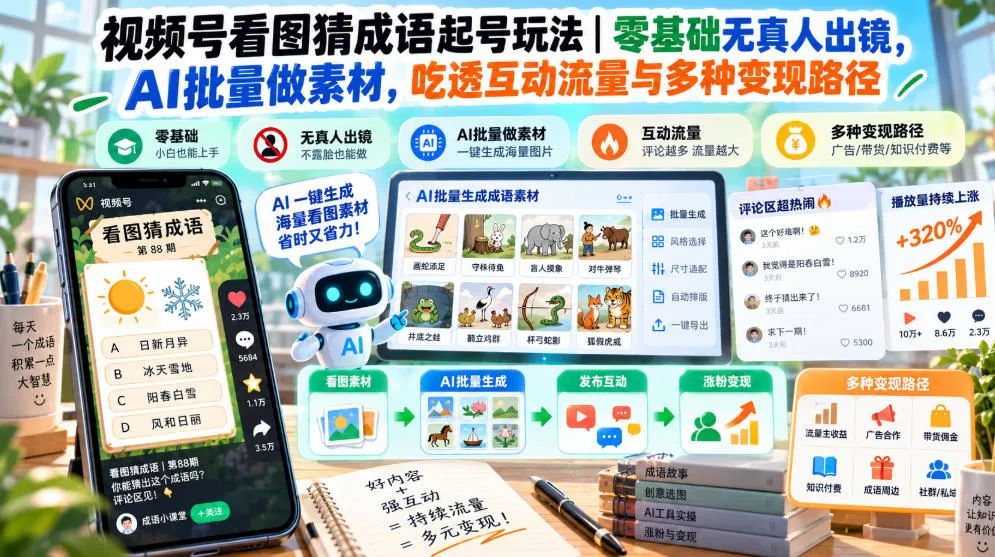 视频号看图猜成语起号玩法|零基础无真人出镜,AI批量做素材,吃透互动流量与多种变现路径-706资源网