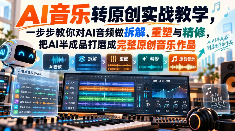 AI音乐转原创实战教学,一步步教你对AI音频做拆解、重塑与精修,把AI半成品打磨成完整原创音乐作品-706资源网