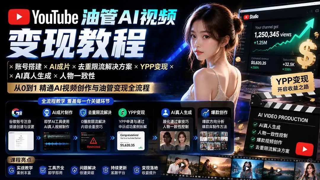 (20649期)YouTube油管AI视频变现教程-更新0926:账号搭建×AI成片×去重限流解决方案×YPP变现×AI真人生成×人物一致性 (20649期)YouTube油管AI视频变现教程-更新0926:账号搭建×AI成片×去重限流解决方案×YPP变现×AI真人生成×人物一致性