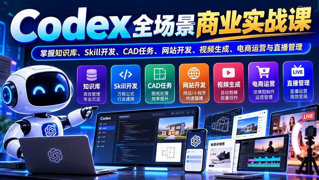 （20712期）【无水印】Codex全场景商业实战课：掌握知识库、Skill开发、CAD任务、网站开发、视频生成、电商运营与直播管理-706资源网
