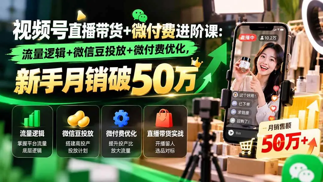（20886期）视频号直播带货+微付费进阶课-更新1010：流量逻辑+微信豆投放+微付费优化，新手月销破50万-706资源网