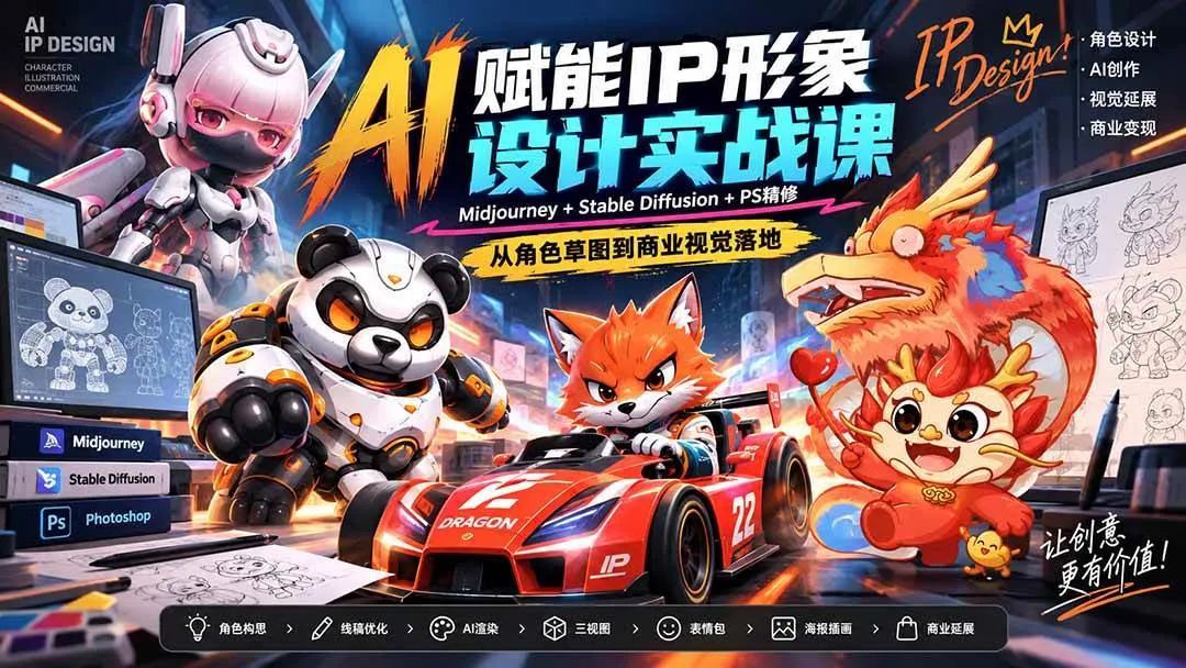 (20552期)AI赋能IP形象设计实战课-无水印:Midjourney+Stable Diffusion+PS精修,从角色草图到商业视觉落地-706资源网
