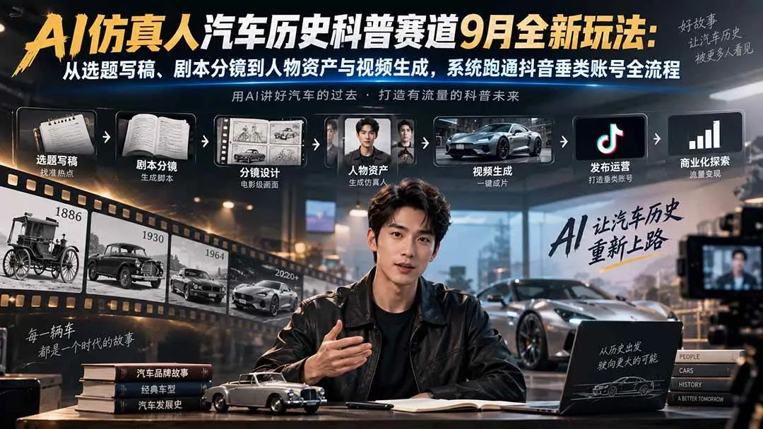 （20413期）AI仿真人汽车历史科普赛道9月全新玩法：从选题写稿、剧本分镜到人物资产与视频生成，系统跑通抖音垂类账号全流程