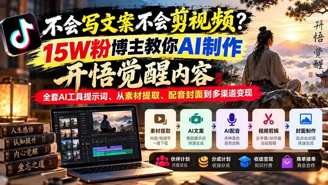 （21085期）不会写文案不会剪视频？15W粉博主教你AI制作开悟觉醒内容，全套AI工具提示词、从素材提取、配音封面到多渠道变现-706资源网