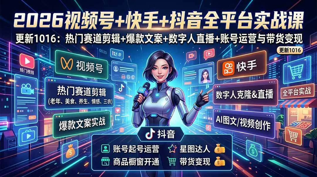 (20997期)视频号+快手+抖音三大平台的全栈剪辑+数字人直播实战课-3月更新:快速实现短视频变现-706资源网