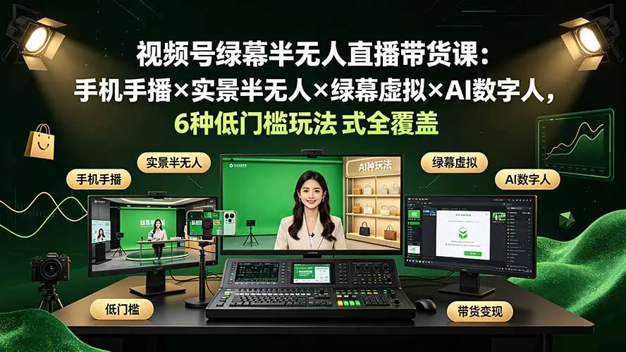 视频号绿幕半无人直播带货课：手机手播×实景半无人×绿幕虚拟×AI数字人，6种低门槛玩法全覆盖-706资源网