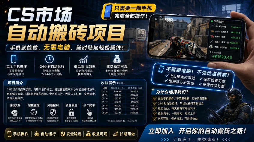 手机即可操作的CS市场自动搬砖系统｜自动监控｜自动下单|日入300+【揭秘】-706资源网