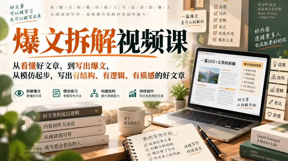 爆文拆解视频课，从看懂好文章，到写出爆文，从模仿起步，写出有结构、有逻辑、有质感的好文章-706资源网