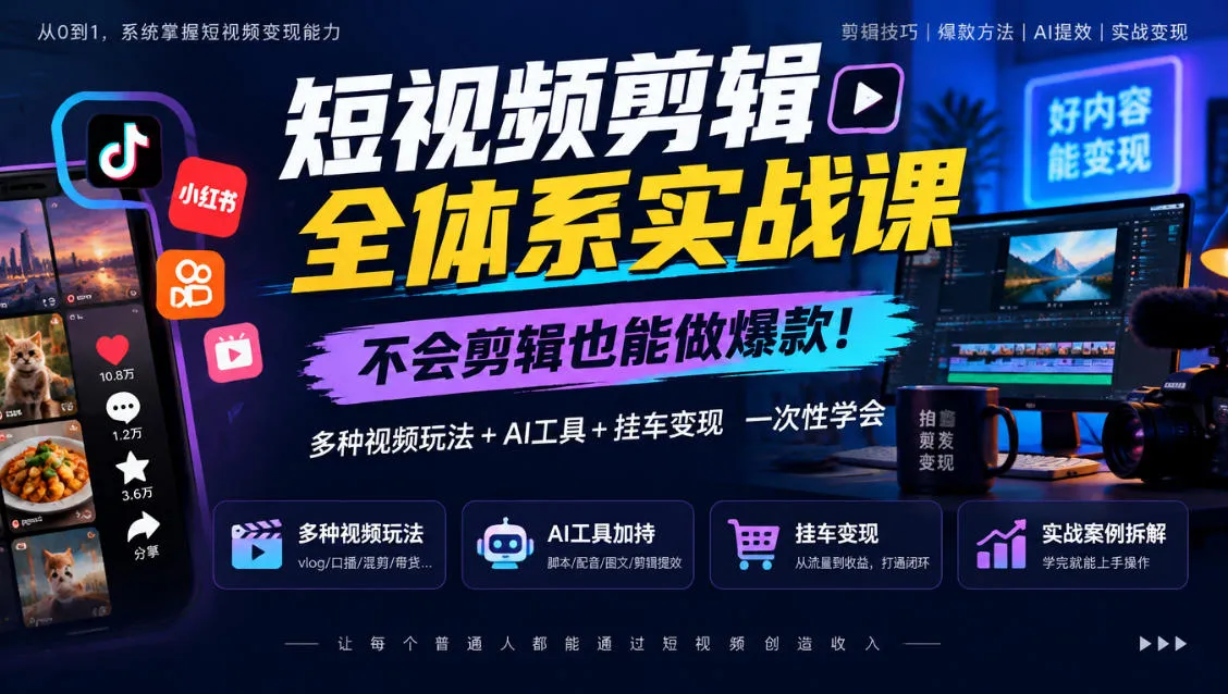短视频剪辑全体系实战课，不会剪辑也能做爆款，多种视频玩法+AI工具+挂车变现一次性学-706资源网