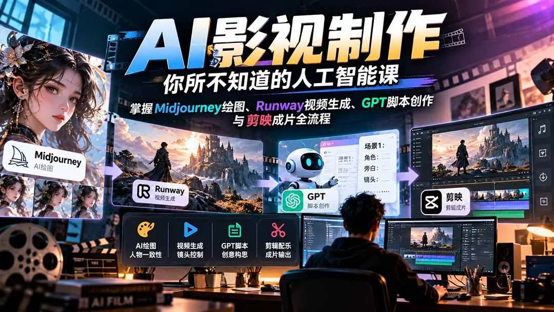(20681期)AI影视制作-你所不知道的人工智能课,掌握Midjourney绘图、Runway视频生成、GPT脚本创作与剪映成片全流程-706资源网